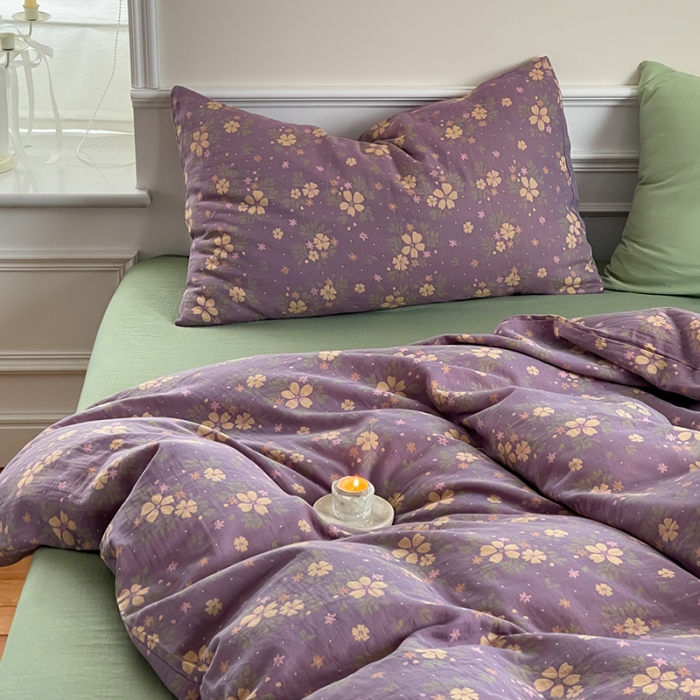 91家纺网 家纺一手货源 找家纺 艾咪 新款法式复古风纯棉双层纱布四件套（有单品售） 花语紫