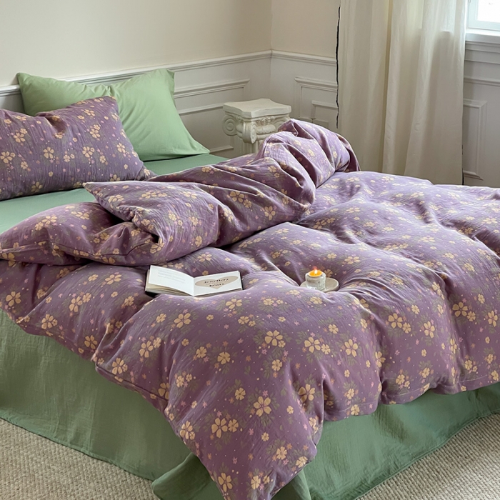 91家纺网 家纺一手货源 找家纺 艾咪 新款法式复古风纯棉双层纱布四件套（有单品售） 花语紫