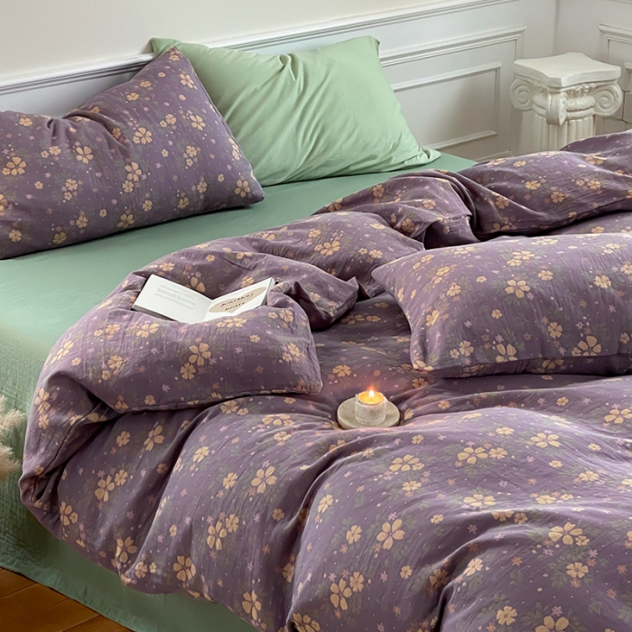91家纺网 家纺一手货源 找家纺 艾咪 新款法式复古风纯棉双层纱布四件套（有单品售） 花语紫