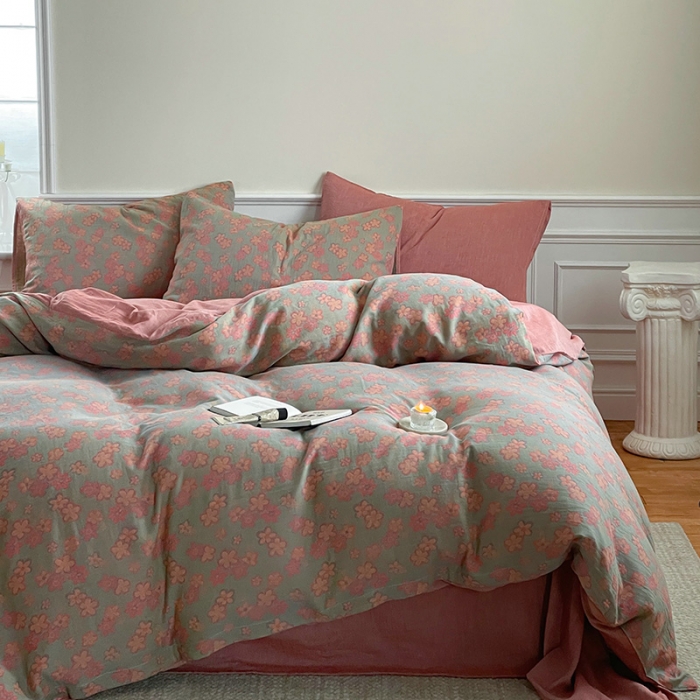 91家纺网 家纺一手货源 找家纺 艾咪 新款法式复古风纯棉双层纱布四件套（有单品售） 花海粉