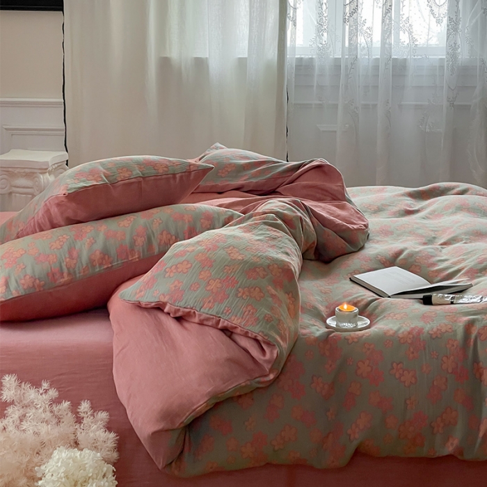 91家纺网 家纺一手货源 找家纺 艾咪 新款法式复古风纯棉双层纱布四件套（有单品售） 花海粉