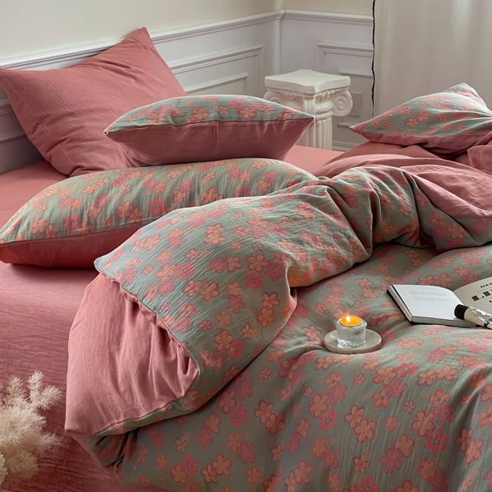 91家纺网 家纺一手货源 找家纺 艾咪 新款法式复古风纯棉双层纱布四件套（有单品售） 花海粉