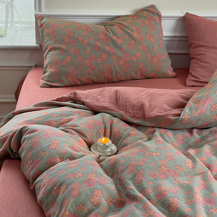 91家纺网 家纺一手货源 找家纺 艾咪 新款法式复古风纯棉双层纱布四件套（有单品售） 花海粉