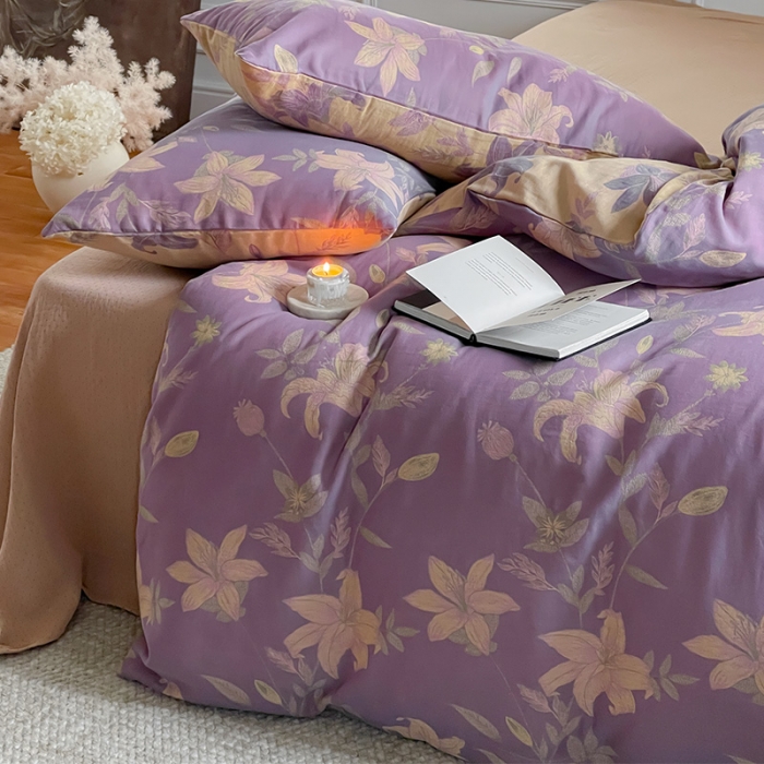 91家纺网 家纺一手货源 找家纺 艾咪 新款法式复古风纯棉双层纱布四件套（有单品售） 百合紫