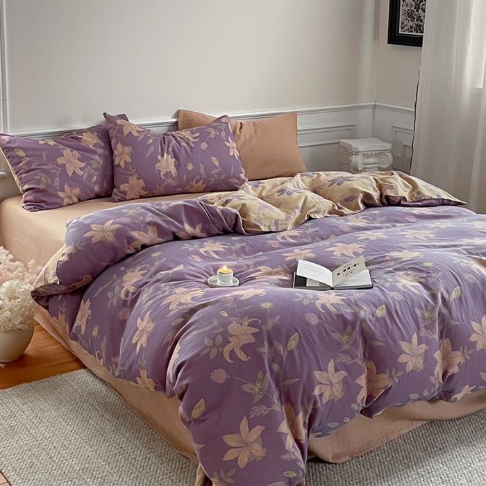 91家纺网 家纺一手货源 找家纺 艾咪 新款法式复古风纯棉双层纱布四件套（有单品售） 百合紫