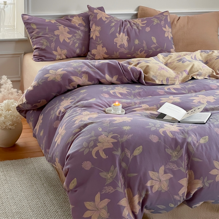 91家纺网 家纺一手货源 找家纺 艾咪 新款法式复古风纯棉双层纱布四件套（有单品售） 百合紫