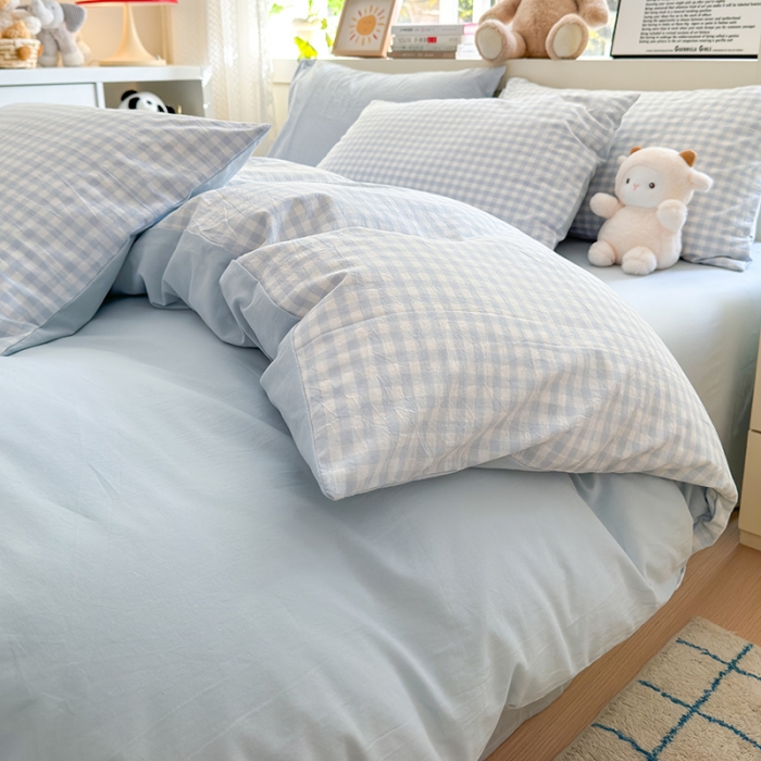 91家纺网 家纺一手货源 找家纺 沐芷 2024新款105g水洗棉磨毛四件套三件套条纹小格子---