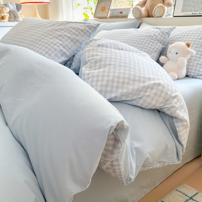 91家纺网 家纺一手货源 找家纺 沐芷 2024新款105g水洗棉磨毛四件套三件套条纹小格子---