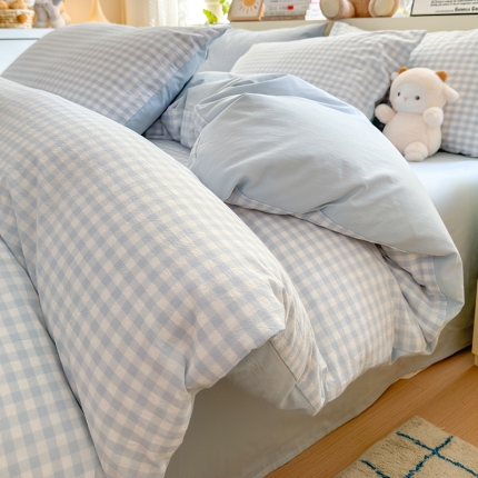 91家纺网 家纺一手货源 找家纺 沐芷 2024新款105g水洗棉磨毛四件套三件套条纹小格子---