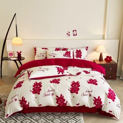 91家纺网 家纺一手货源 找家纺 金麦 2024新款亲肤棉龙年婚庆印花四件套龙喜自在