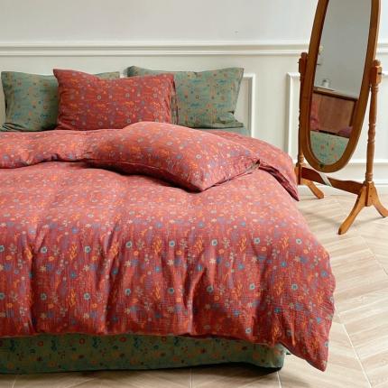 91家纺网 家纺一手货源 找家纺 艾咪 新款法式复古风纯棉双层纱布四件套（有单品售）春意-红