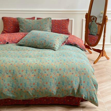 91家纺网 家纺一手货源 找家纺 艾咪 新款法式复古风纯棉双层纱布四件套（有单品售）春意-绿