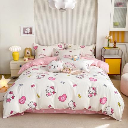 91家纺网 家纺一手货源 找家纺 锦润 2025新款三丽鸥正版授权系列印花全棉四件套爱心KT猫