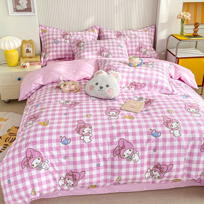 91家纺网 家纺一手货源 找家纺 锦润 2025新款三丽鸥正版授权系列印花全棉四件套粉格美乐蒂