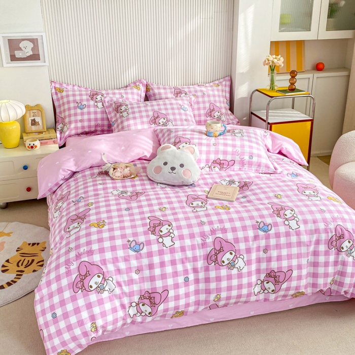 91家纺网 家纺一手货源 找家纺 锦润 2025新款三丽鸥正版授权系列印花全棉四件套粉格美乐蒂