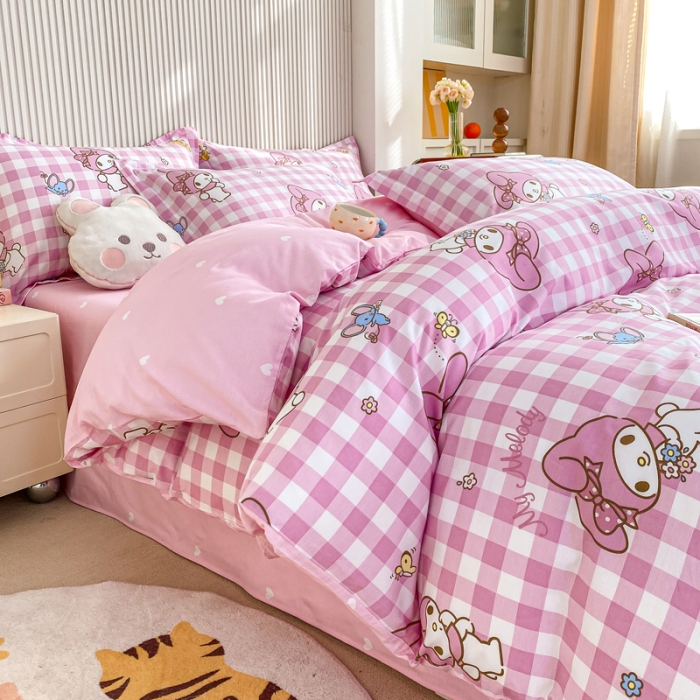 91家纺网 家纺一手货源 找家纺 锦润 2025新款三丽鸥正版授权系列印花全棉四件套粉格美乐蒂