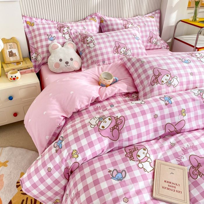 91家纺网 家纺一手货源 找家纺 锦润 2025新款三丽鸥正版授权系列印花全棉四件套粉格美乐蒂