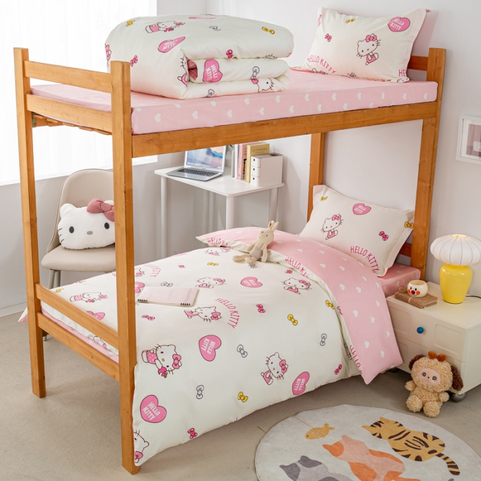 91家纺网 家纺一手货源 找家纺 锦润 2025新款三丽鸥系列印花学生三件套纯棉全棉三件套爱心KT猫