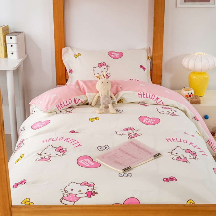 91家纺网 家纺一手货源 找家纺 锦润 2025新款三丽鸥系列印花学生三件套纯棉全棉三件套爱心KT猫