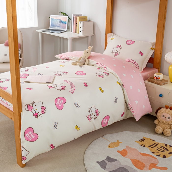 91家纺网 家纺一手货源 找家纺 锦润 2025新款三丽鸥系列印花学生三件套纯棉全棉三件套爱心KT猫