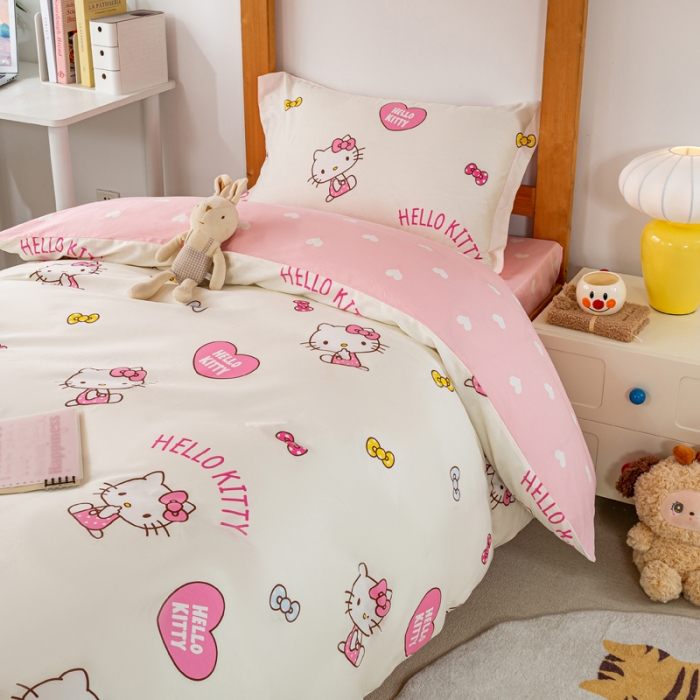 91家纺网 家纺一手货源 找家纺 锦润 2025新款三丽鸥系列印花学生三件套纯棉全棉三件套爱心KT猫