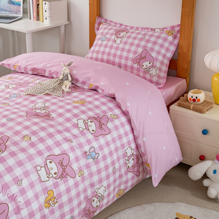 91家纺网 家纺一手货源 找家纺 锦润 2025新款三丽鸥系列印花学生三件套纯棉全棉三件套粉格美乐蒂