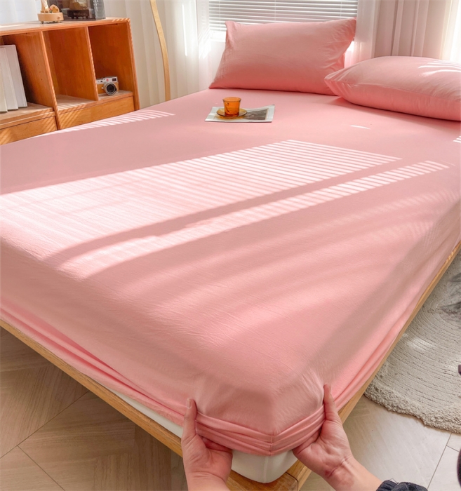 91家纺网 家纺一手货源 找家纺 恋人优选 2024新款色织纯棉水洗棉床笠 浅粉