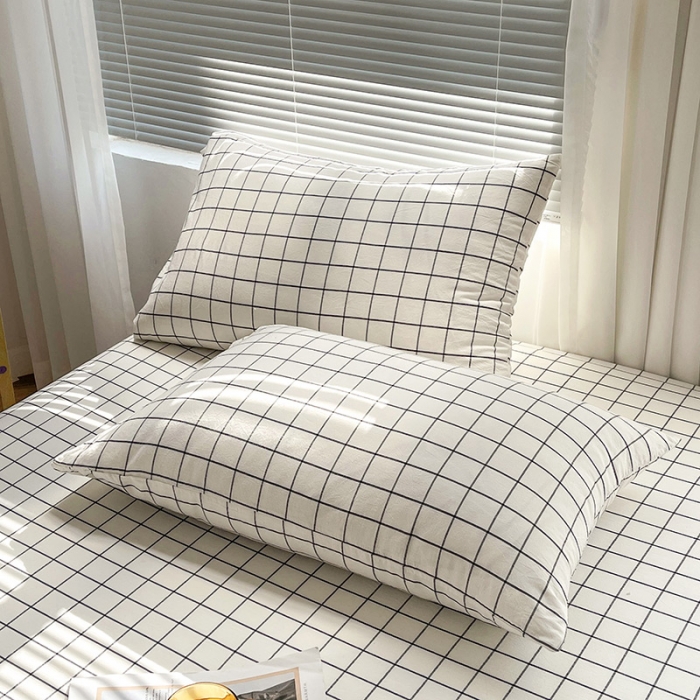 91家纺网 家纺一手货源 找家纺 恋人优选 2024新款色织纯棉水洗棉床笠 白底蓝细格