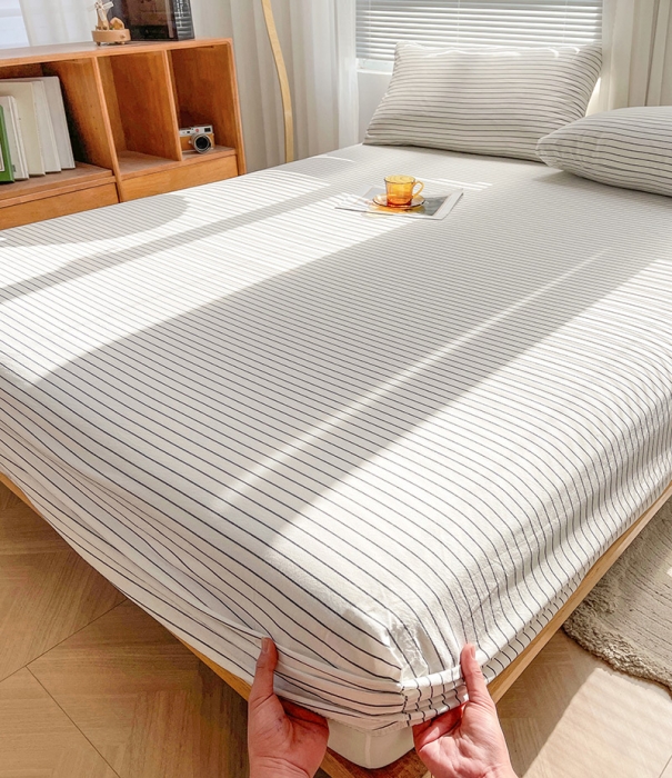 91家纺网 家纺一手货源 找家纺 恋人优选 2024新款色织纯棉水洗棉床笠 白条