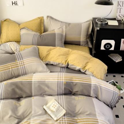 91家纺网 家纺一手货源 找家纺 （总）盛馨家纺全棉高支高密精梳棉北欧绅士风四件套纯棉床笠格子条纹三件套