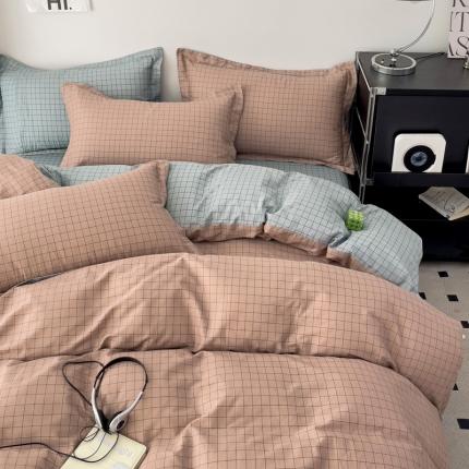 91家纺网 家纺一手货源 找家纺 （总）盛馨家纺全棉高支高密精梳棉北欧绅士风四件套纯棉床笠格子条纹三件套