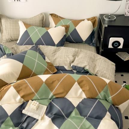 91家纺网 家纺一手货源 找家纺 （总）盛馨家纺全棉高支高密精梳棉北欧绅士风四件套纯棉床笠格子条纹三件套