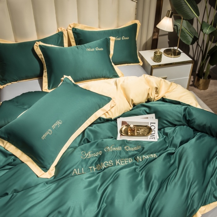 91家纺网 家纺一手货源 找家纺 欧冠 2024新品水洗真丝绣花盛夏系列单被套四件套宝石绿