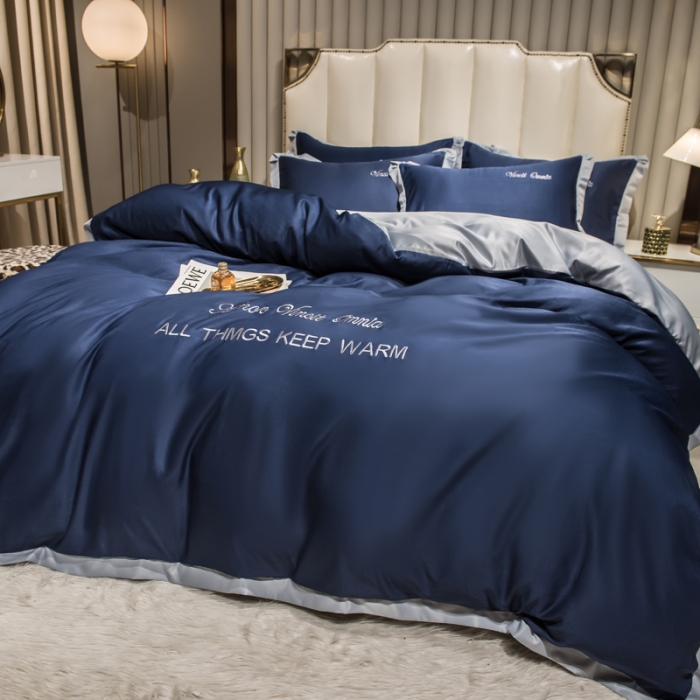 91家纺网 家纺一手货源 找家纺 欧冠 2024新品水洗真丝绣花盛夏系列单被套四件套宾利蓝