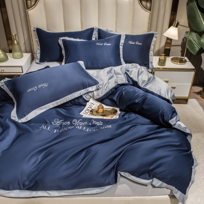 91家纺网 家纺一手货源 找家纺 欧冠 2024新品水洗真丝绣花盛夏系列单被套四件套宾利蓝