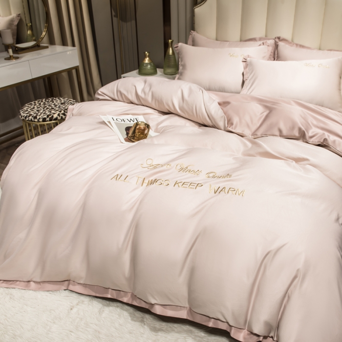 91家纺网 家纺一手货源 找家纺 欧冠 2024新品水洗真丝绣花盛夏系列单被套四件套粉玉香槟