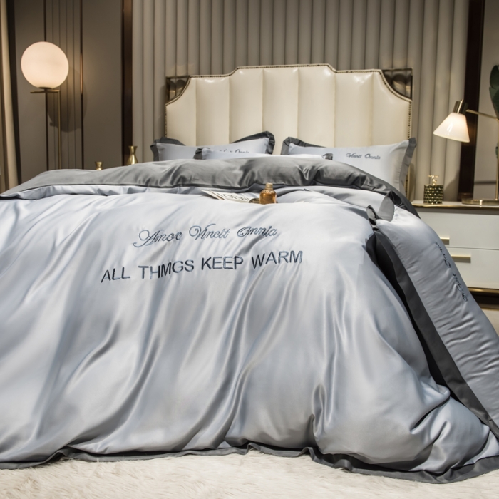 91家纺网 家纺一手货源 找家纺 欧冠 2024新品水洗真丝绣花盛夏系列单被套四件套高级灰