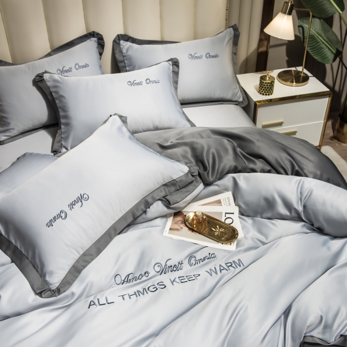 91家纺网 家纺一手货源 找家纺 欧冠 2024新品水洗真丝绣花盛夏系列单被套四件套高级灰