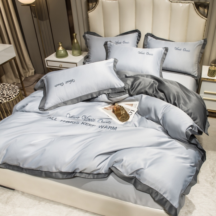 91家纺网 家纺一手货源 找家纺 欧冠 2024新品水洗真丝绣花盛夏系列单被套四件套高级灰