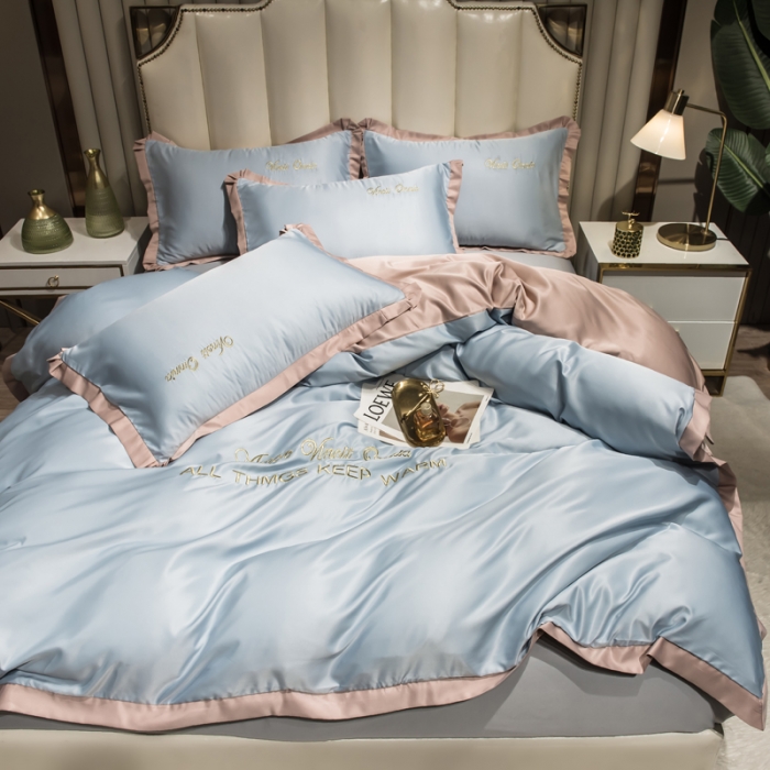 91家纺网 家纺一手货源 找家纺 欧冠 2024新品水洗真丝绣花盛夏系列单被套四件套月光蓝