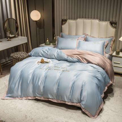 欧冠 2024新品水洗真丝绣花盛夏系列单被套四件套月光蓝