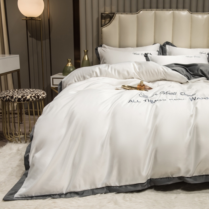 91家纺网 家纺一手货源 找家纺 欧冠 2024新品水洗真丝绣花盛夏系列单被套四件套珍珠白