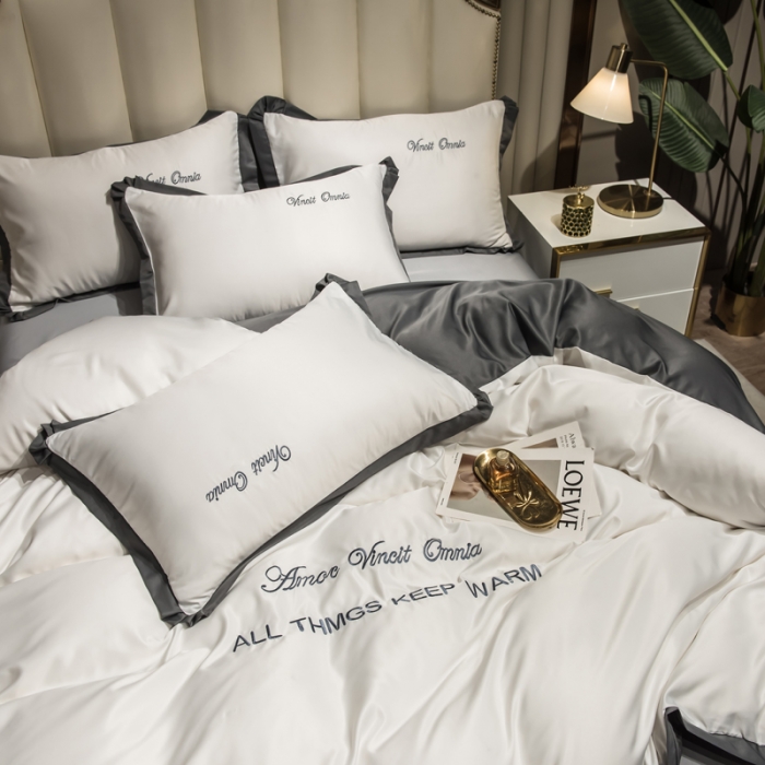 91家纺网 家纺一手货源 找家纺 欧冠 2024新品水洗真丝绣花盛夏系列单被套四件套珍珠白