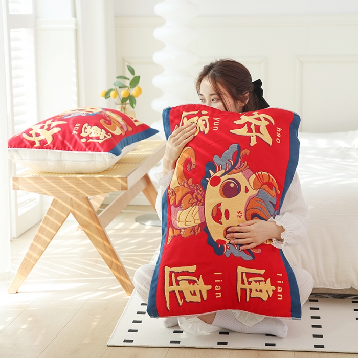 91家纺网 家纺一手货源 找家纺 朴尔结婚枕巾红色枕头巾纯棉一对装陪嫁全棉纱布新婚婚庆大红枕头垫巾 好运连连