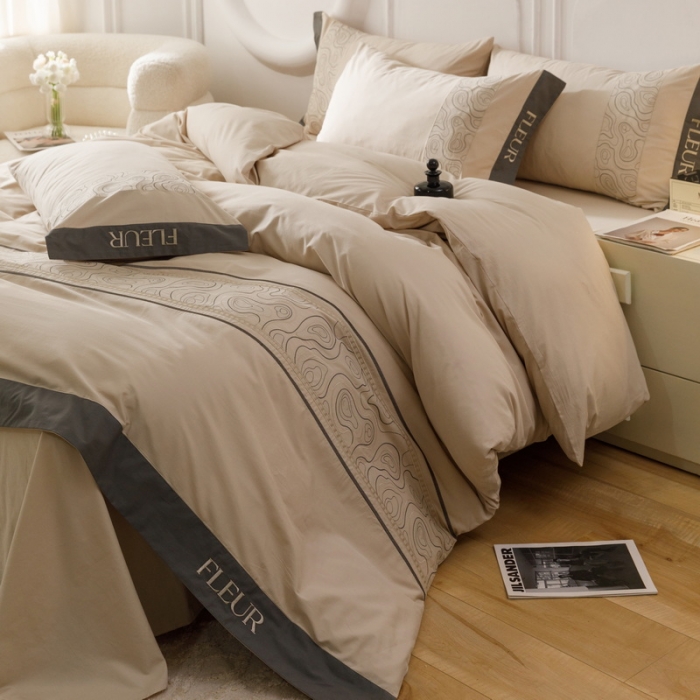 91家纺网 家纺一手货源 找家纺 艾莱家纺  2024新款A类全棉水洗棉加厚绣花四件套 威廉-香槟银