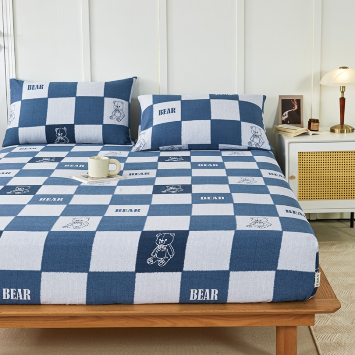 91家纺网 家纺一手货源 找家纺 九沐良品 新款全棉无印老粗布单品床笠+三件套 巴比熊（兰）