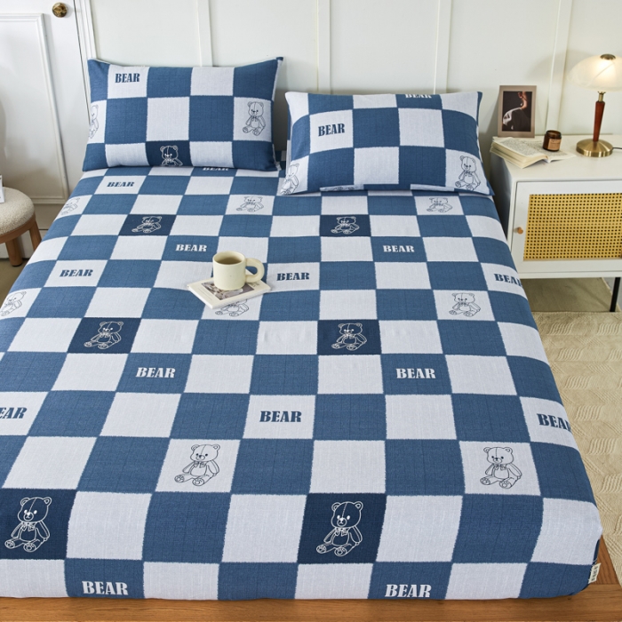 91家纺网 家纺一手货源 找家纺 九沐良品 新款全棉无印老粗布单品床笠+三件套 巴比熊（兰）