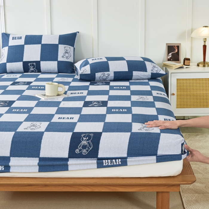 91家纺网 家纺一手货源 找家纺 九沐良品 新款全棉无印老粗布单品床笠+三件套 巴比熊（兰）