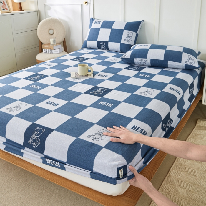 91家纺网 家纺一手货源 找家纺 九沐良品 新款全棉无印老粗布单品床笠+三件套 巴比熊（兰）