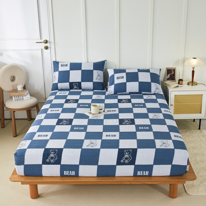 91家纺网 家纺一手货源 找家纺 九沐良品 新款全棉无印老粗布单品床笠+三件套 巴比熊（兰）